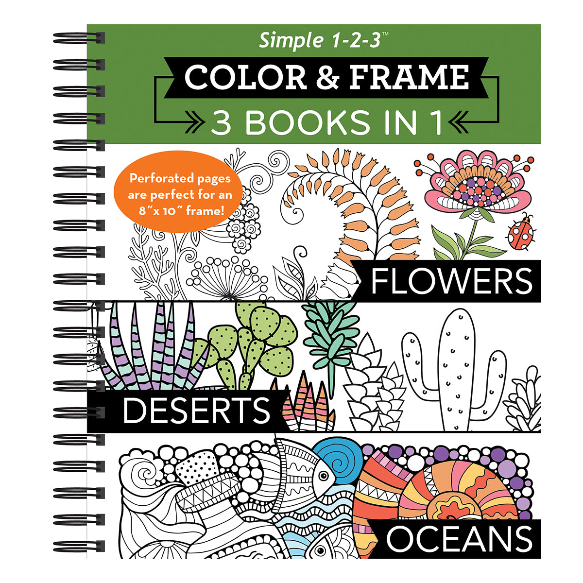 Color & Frame 3 Books In 1 Flowers Deserts Oceans Adult Coloring Book
